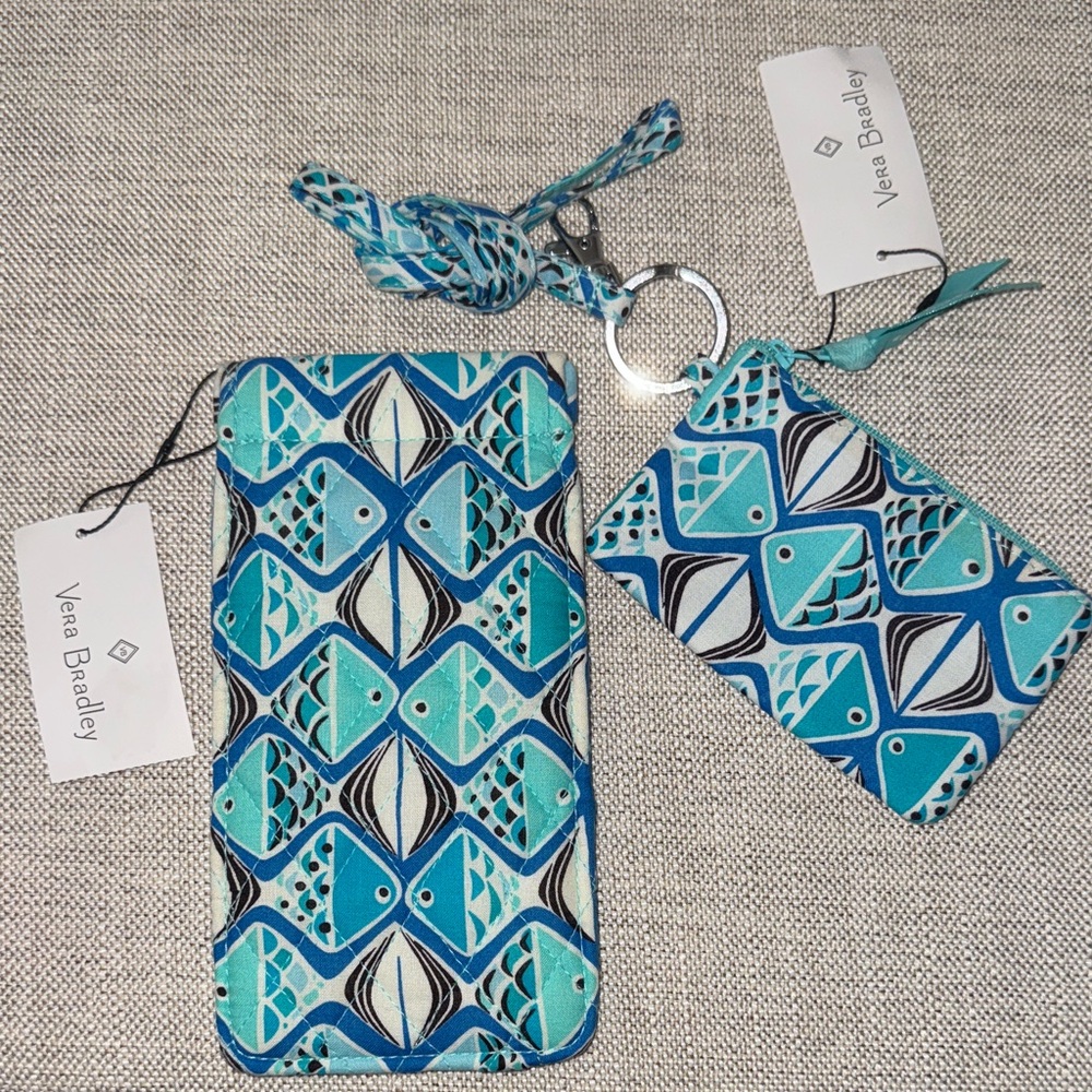 Vera Bradley Go Fish Blue sunglass sleeve and zip ID / lanyard bundle